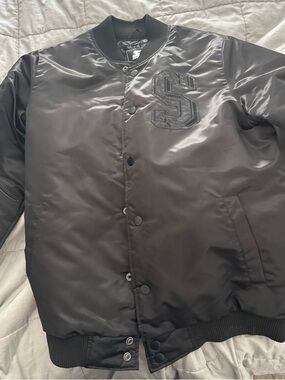 Men's Black Satin Bomber Starter Jacket - Classic Varsity Style